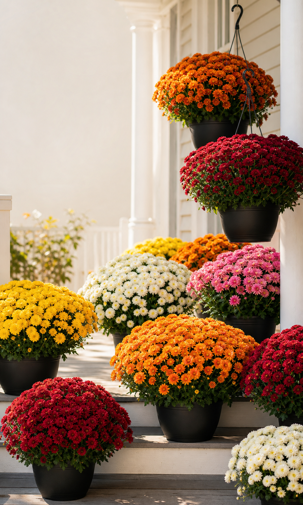 Colorful red, white, yellow, orange, pink, and burgundy mums arranged in pots and hanging baskets on a bright porch